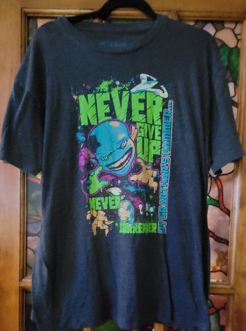 Galaxy Quest Never Give Up Graphic Tee - Black with Neon Print #32